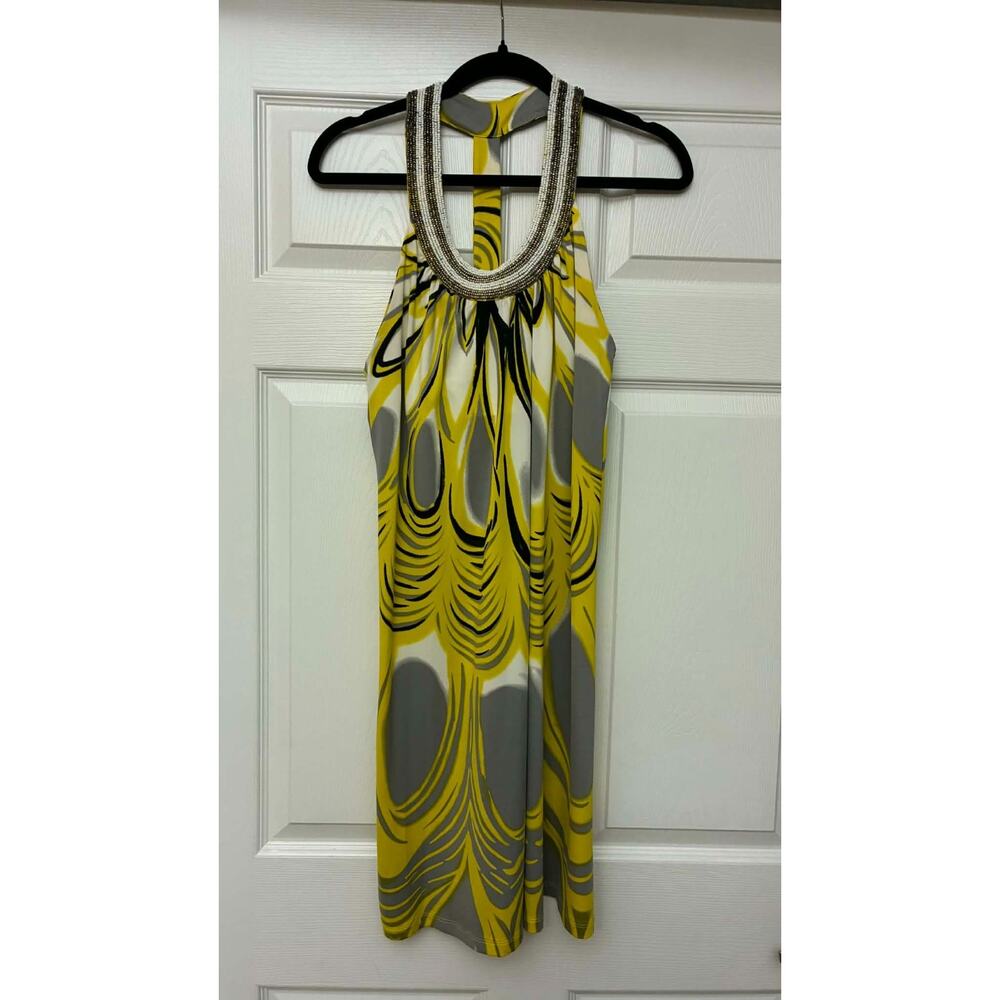 Beaded Halter Dress M‎ Yellow Gray Abstract Print Resort